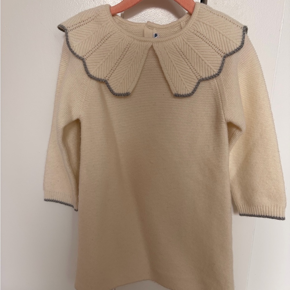 Jacadi Cream Knit Dress with Gray Trim
